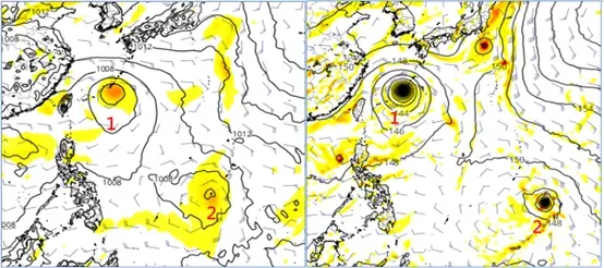 吳德榮指出，最新歐洲模式（下圖左）、美國模式（下圖右）模擬顯示，下週二台灣東方、關島西南方各有颱風醞釀。（圖／翻攝自「三立準氣象.老大洩天機」）