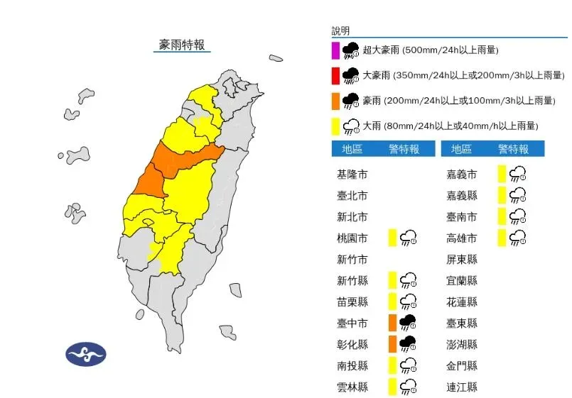 中央氣象署於今(7)日下午5時35分,針對全台「11縣市」發布大雨特報,其中「台中市、彰化縣」達豪雨警戒。(圖/氣象署)