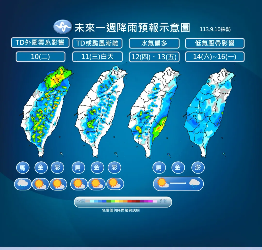 熱帶低壓和低氣壓帶持續影響,下週起降雨範圍變大。(圖/中央氣象署提供)