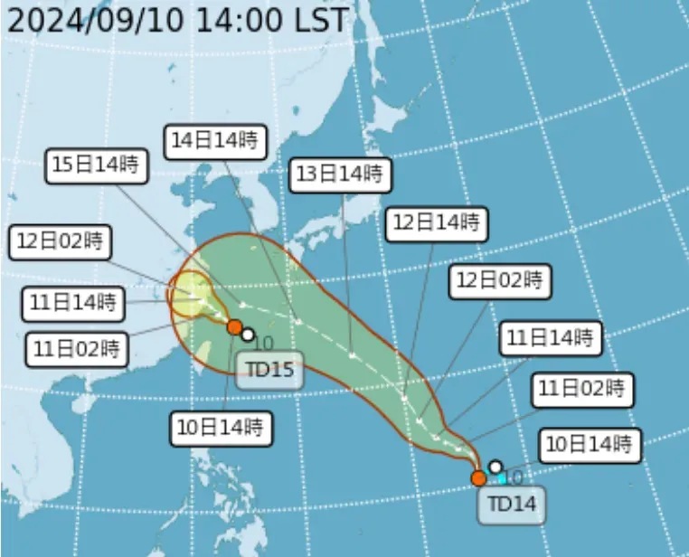 熱帶性低氣壓TD14、TD15動向備受關注,最快將在11日接力形成颱風。(圖/翻攝自中央氣象署官網)