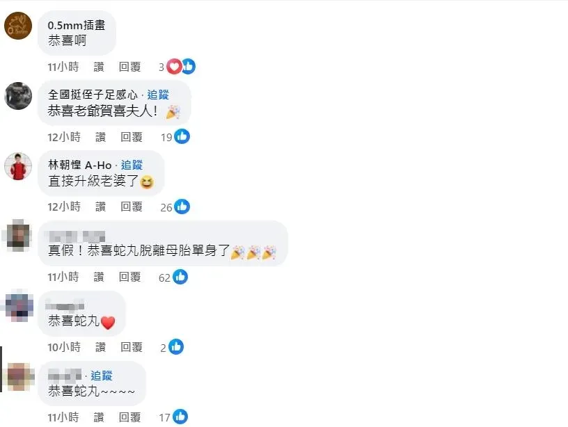 貼文曝光後，吸引大批粉絲和圈內好友，紛紛留言道賀。（圖／翻攝自大蛇丸Facebook）