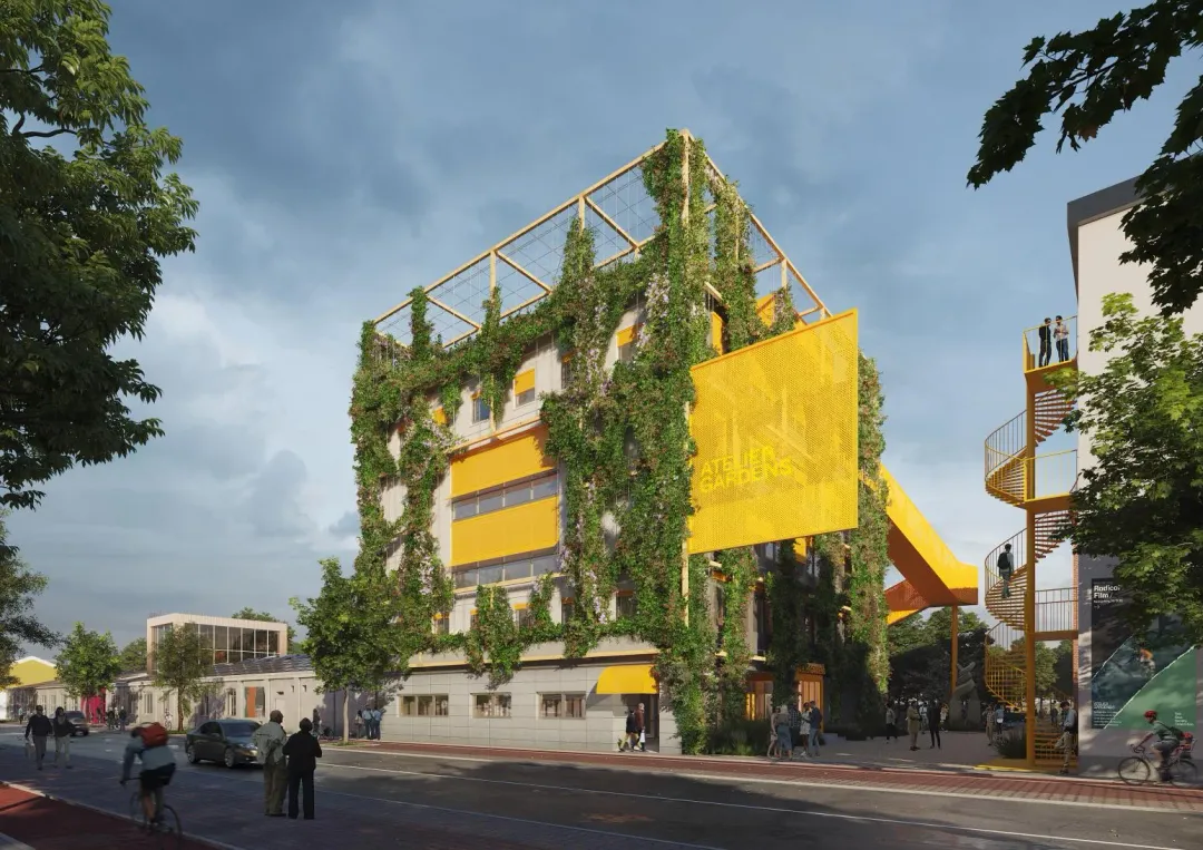 「工作室花園」原是德國柏林的一個電影片廠，由 MVRDV 操刀打造出一座綠化永續且擁抱多元交流的創新工作園區。在2023年榮獲年度建築獎和MIPIM 獎 - 最佳城市更新計畫。（圖／MVRDV建築師事務所）