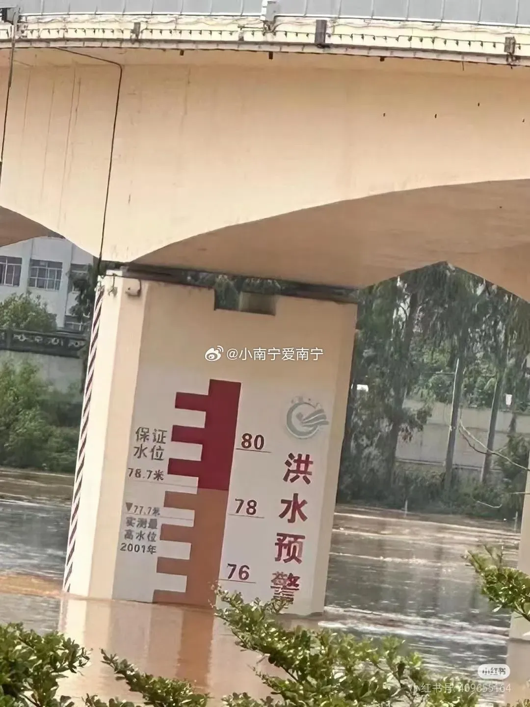 12日上午9點,廣西首府南寧市的邕江水位高達76.2公尺。(圖/翻攝自微博)