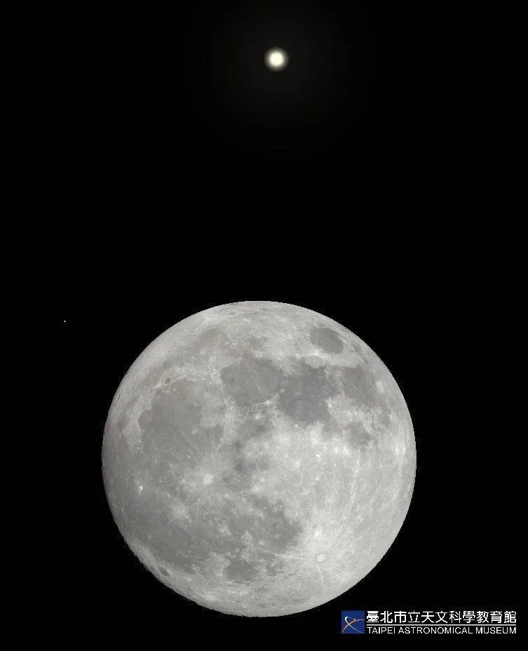 中秋明月能有明亮行星近接相伴實屬少見，在21世紀的百年中只有今年逢此美景。（圖／台北天文館）