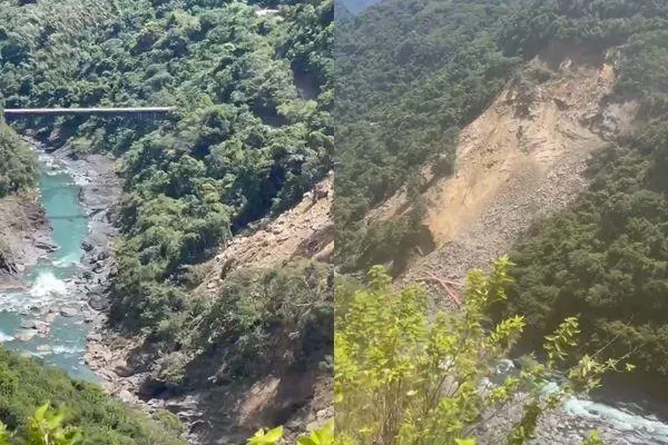 山壁坍方前後對比照。(圖/大溪警方提供)