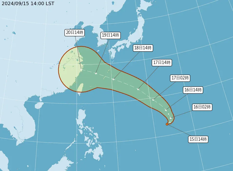 熱帶性低氣壓TD16將增強為颱風「葡萄桑」，預計19日最接近台灣。（圖／翻攝自中央氣象署官網）