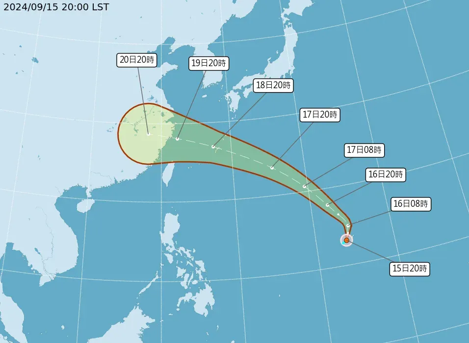 關島附近海面的熱帶性低氣壓TD16,已於15日晚間8時增強為今年第14號颱風「葡萄桑」。(圖/翻攝自中央氣象署官網)