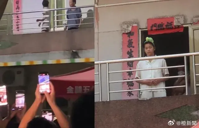 全紅嬋（右）一家不堪遊客吵鬧，站在圍欄處勸粉絲們明天再來。（圖／翻攝自微博）