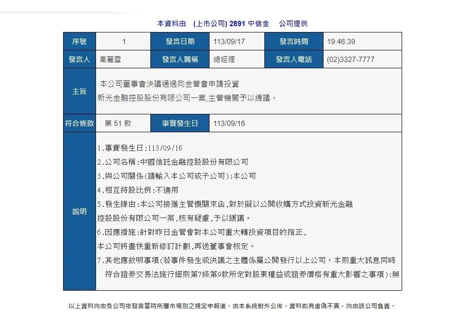 中信金重訊內容表示將會盡快重新修訂計畫再送董事會核定。（圖／翻攝自公開資訊觀測站）