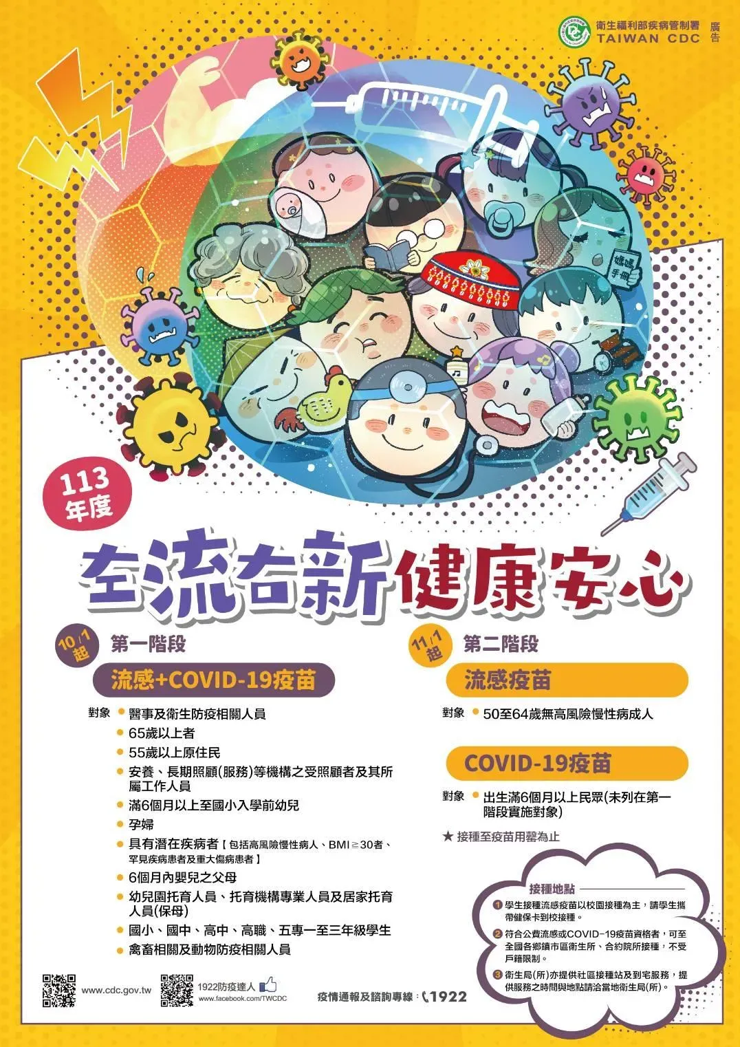 疾管署今(18)日表示,今(113)年度新冠、流感疫苗將同步於10月1日起分階段開打。(圖/疾管署提供)