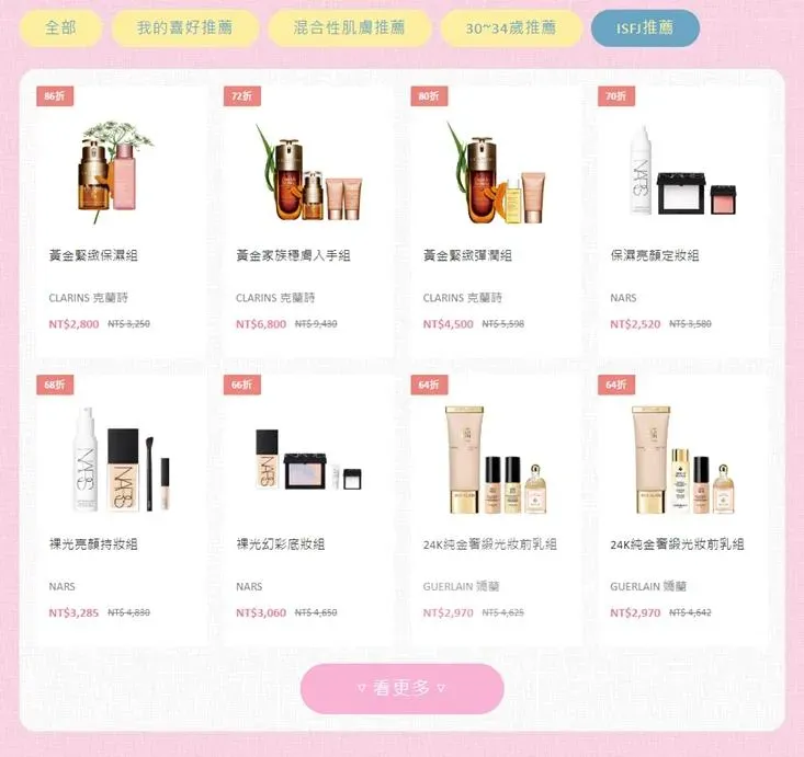 直接點選想了解的MBTI人格,可以馬上瀏覽適合的週年慶商品。(圖/@cosme提供)