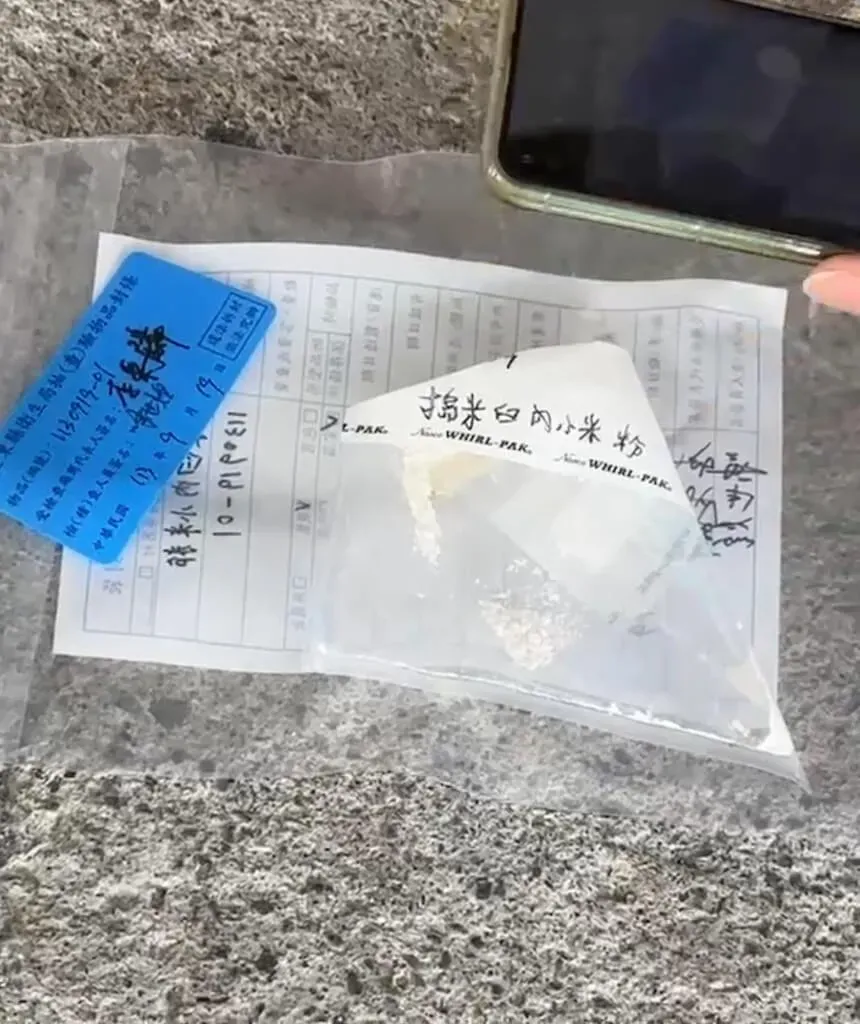 台東小米粽中毒案,衛福部食藥署21日透過新聞稿說明最新檢驗結果,在搗米臼內殘留小米粉檢出托福松1323毫克/公斤,檢方將追查小米來源。圖為食藥署人員113年9月19日採集搗米臼內殘留小米粉。(圖/民眾提供)