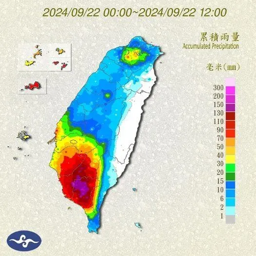 南部累積雨量呈現紫色。(圖/氣象署提供)