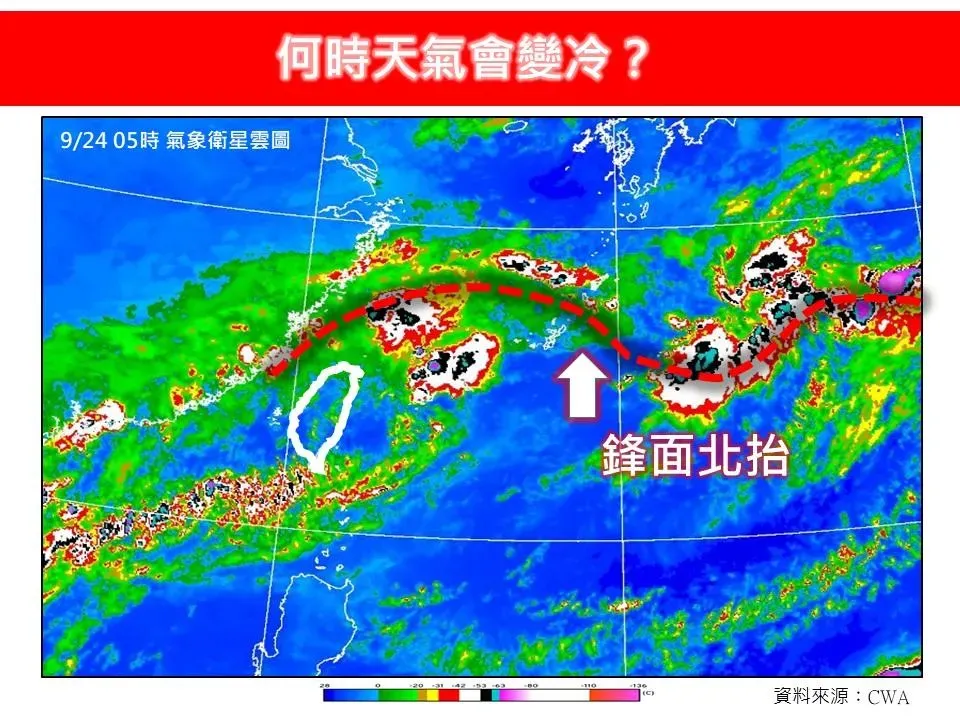 鋒面今日逐漸北移至台灣北部海面,各地降雨也將轉趨緩和。(圖/翻攝自「林老師氣象站」臉書)