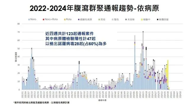 近期腹瀉群聚案件檢出病原以諾羅病毒為多，其傳染力強，潛伏期約24-48小時。（圖／疾管署提供）