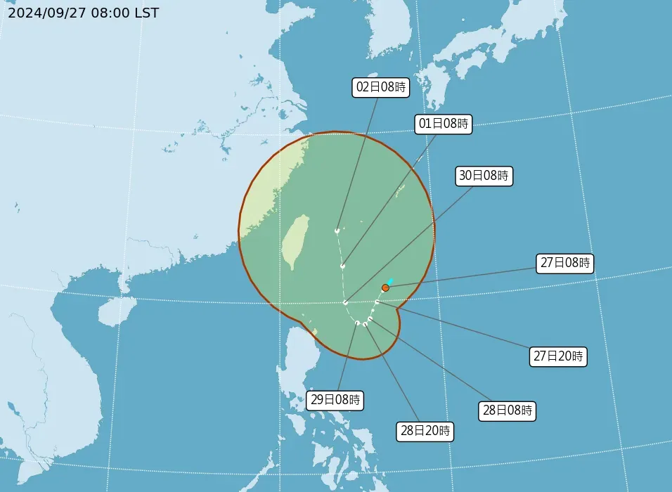 熱帶性低氣壓TD22即將增強為今年第18號颱風「山陀兒」,若路徑偏西將會影響台灣或登陸。(圖/翻攝自中央氣象署官網)