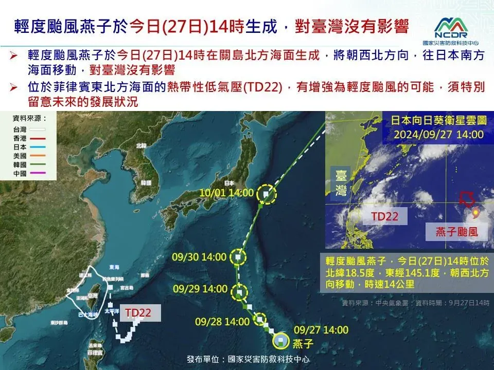國家災防中心指出，未來需留意熱帶性低氣壓TD22的發展趨勢，可能對台灣造成影響。（圖／翻攝自NCDR）