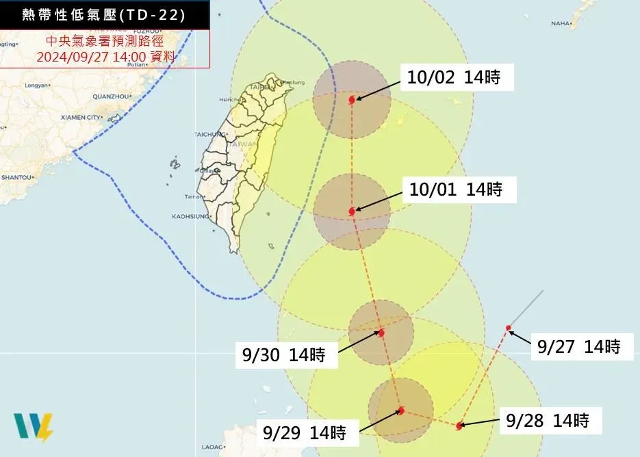 氣象專家吳聖宇指出,熱帶性低氣壓TD22不僅會更接近台灣東岸,還會是個大且強的颱風。(圖/翻攝自Facebook@天氣職人-吳聖宇)
