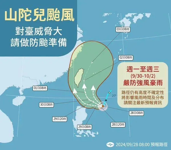 山陀兒颱風預測路徑。（圖／翻攝氣象署臉書粉專）