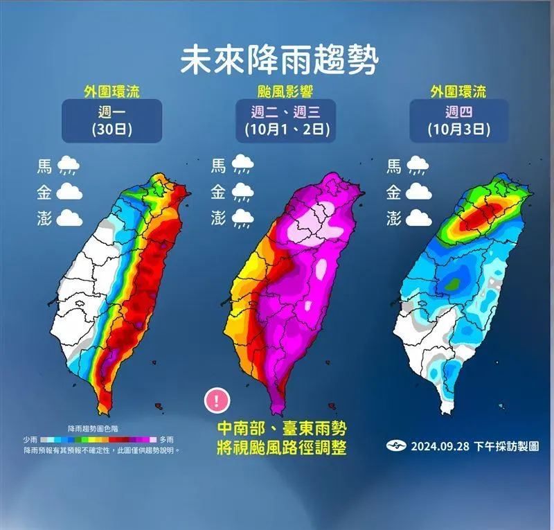 10月1日到2日為颱風影響最劇烈時刻,全台降雨量將大幅增加。(圖/中央氣象署提供)