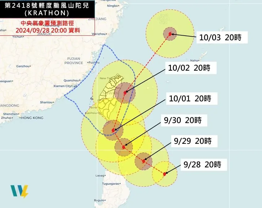 吳聖宇指出,陸上颱風警報則可能會在週一(30日)凌晨到清晨間,率先針對恆春半島、東南部一帶發布。(圖/翻攝自天氣職人-吳聖宇臉書)