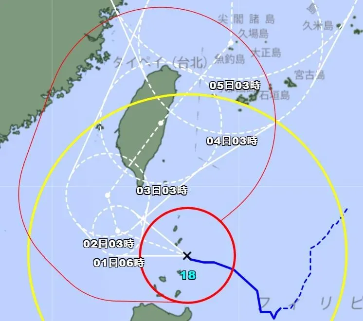 日本氣象廳預估山陀兒颱風路徑。(圖/日本氣象廳)