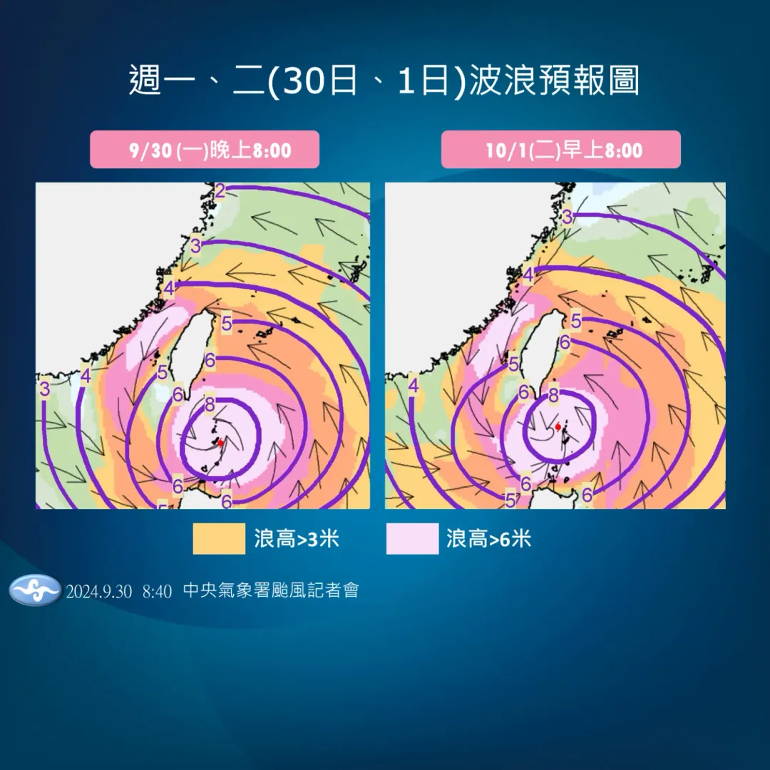 隨著颱風接近，台灣附近海面浪高會出現6米高的海浪。（圖／中央氣象署）
