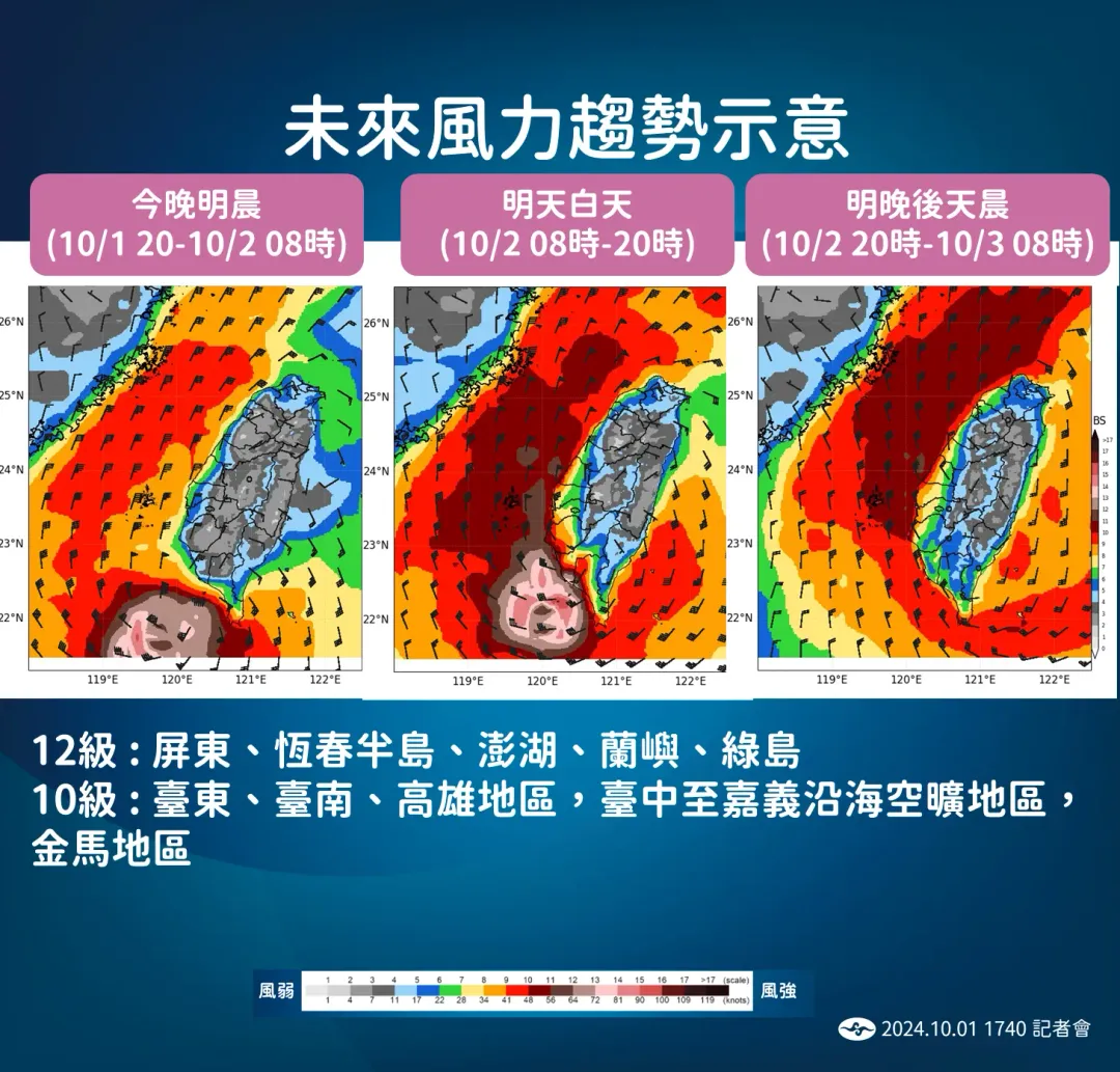 氣象署1日估計屏東、恆春半島、澎湖、蘭嶼、綠島等地將出現12級強陣風。（圖／中央氣象署提供）
