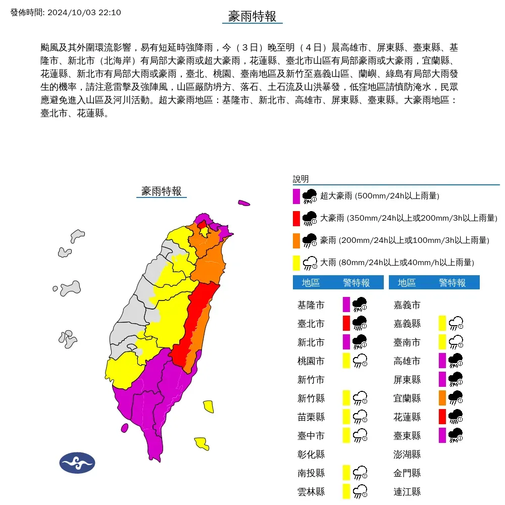 氣象署3日晚間針對16縣市發布豪雨特報,雨勢將持續到4日清晨。(圖/翻攝自中央氣象署官網)