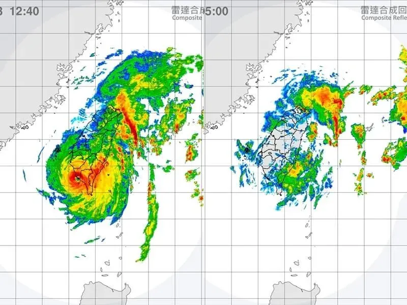 左圖為3日中午12時40分雷達合成回波圖，右為4日上午5時雷達合成回波圖。（圖／取自氣象署網頁cwa.gov.tw）