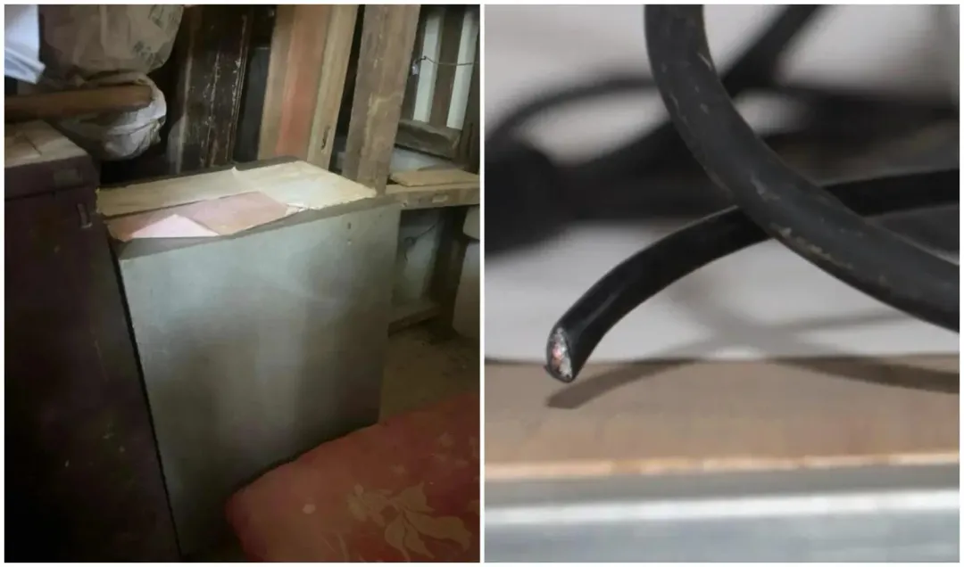 被嫌犯割斷的監視器電纜及被搬走的保險箱(圖/翻攝微博)
