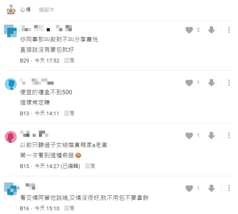 不少網友認為如果不是交情很要好的同事，遇上這種狀況乾脆不包禮金也不拿喜餅。（圖／翻攝自Dcard）