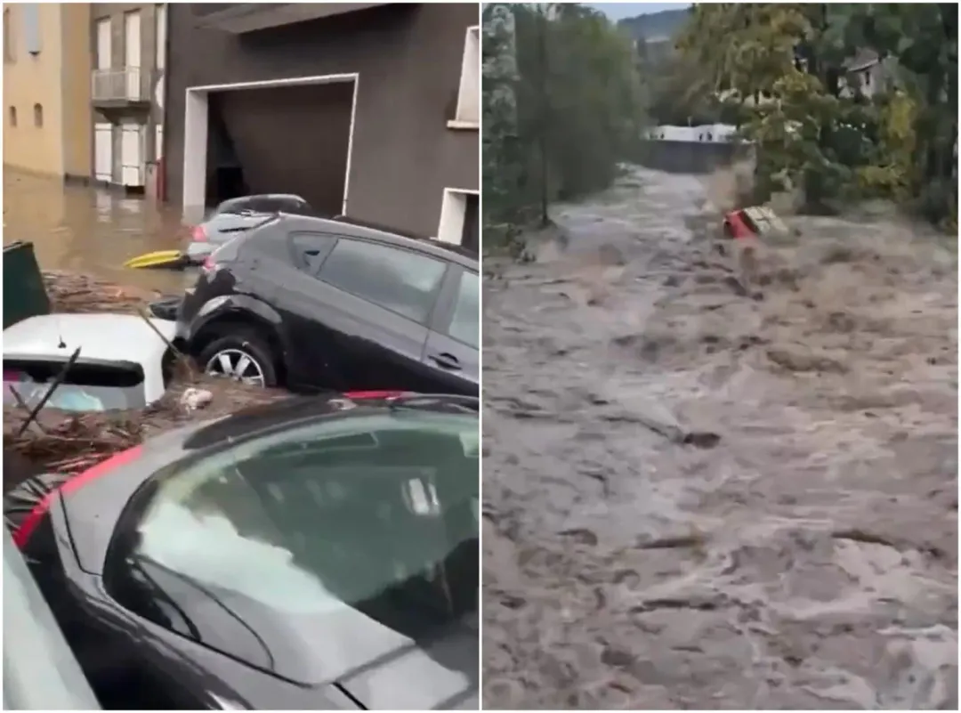 法國洪水讓各地大淹水,車子慘被沖走。(圖/翻攝X)