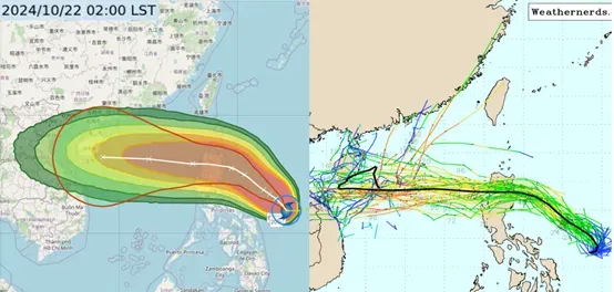 最新(22日2時)中央氣象署「潛勢預測圖」(左圖)顯示，第20號輕度颱風「潭美」，25日2時中心已通過呂宋島，27日2時已在海南島南方海面；不確定範圍已大幅縮小(紅框)。最新(21日20時)歐洲(ECMWF)模式系集模擬圖顯示，系集平均路徑通過呂宋島，近似「潛勢預測圖」的路徑，各別模擬路徑分散在其兩側(右圖)。（圖／翻攝自「洩天機教室」專欄）