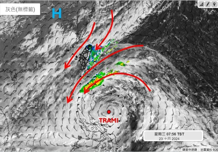 潭美颱風明天(24日)進入南海逐漸向西移動,台灣迎風面地區的雨勢將會是最明顯的一天。(圖/翻攝自「天氣職人-吳聖宇」臉書)