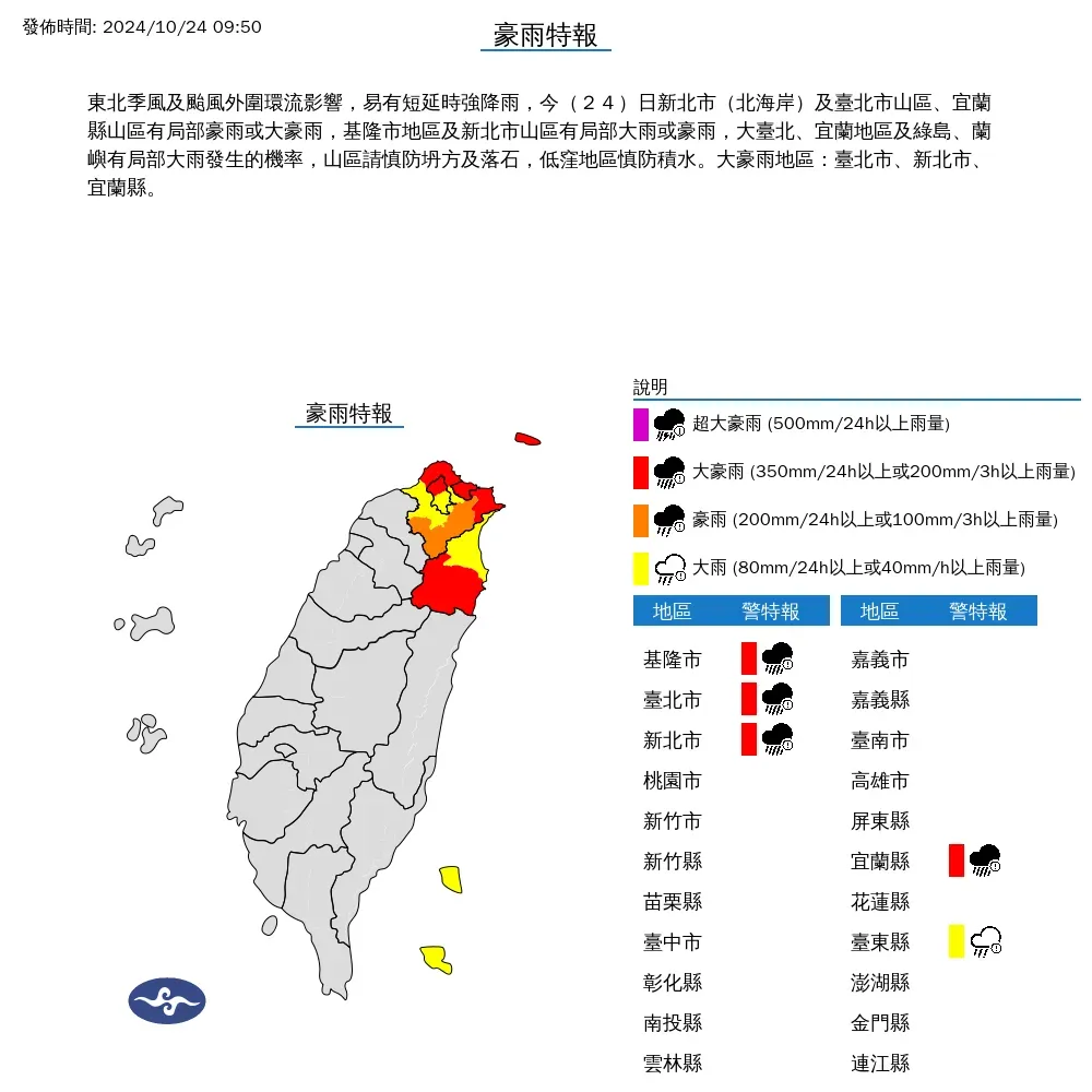 5縣市豪大雨特報。(圖/氣象署)