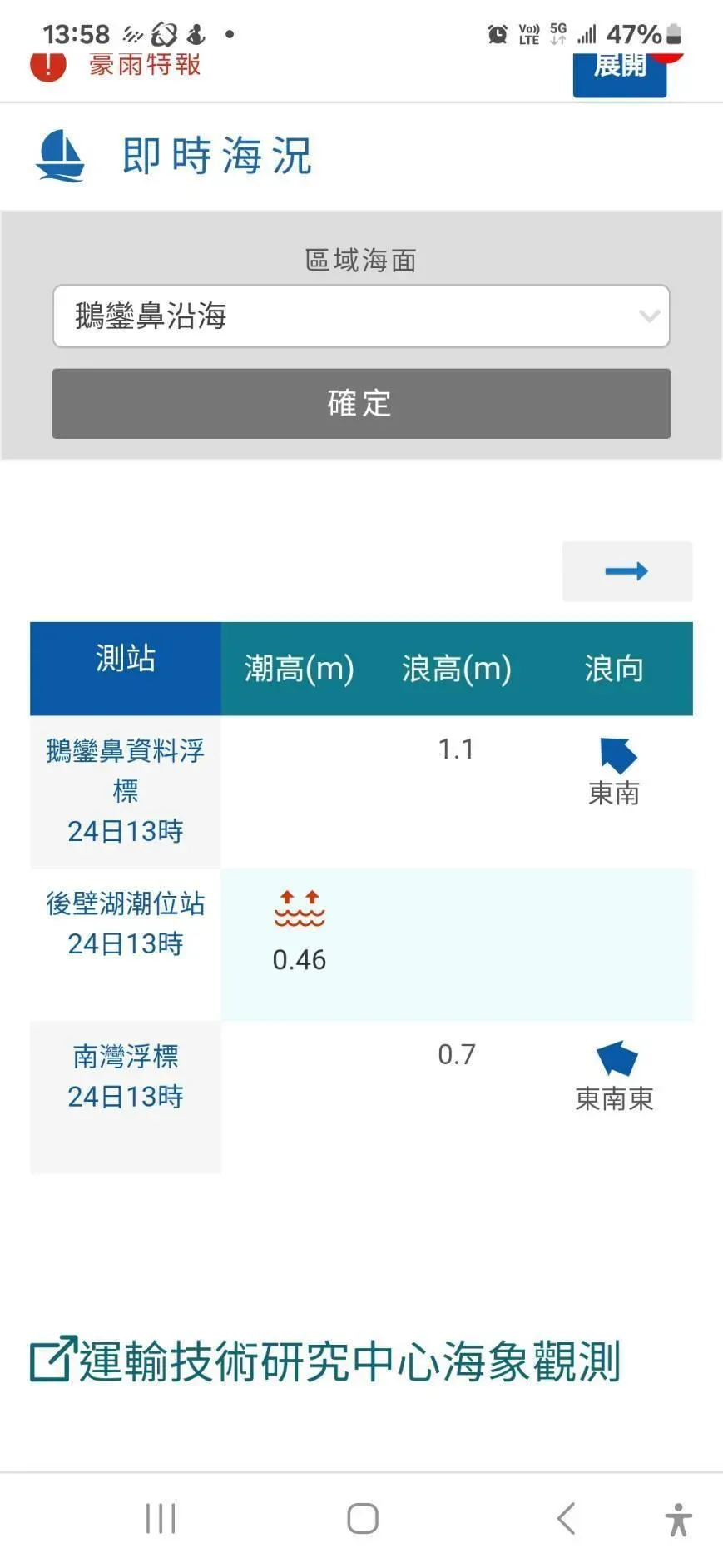 氣象署即時海況。(圖/翻攝畫面)