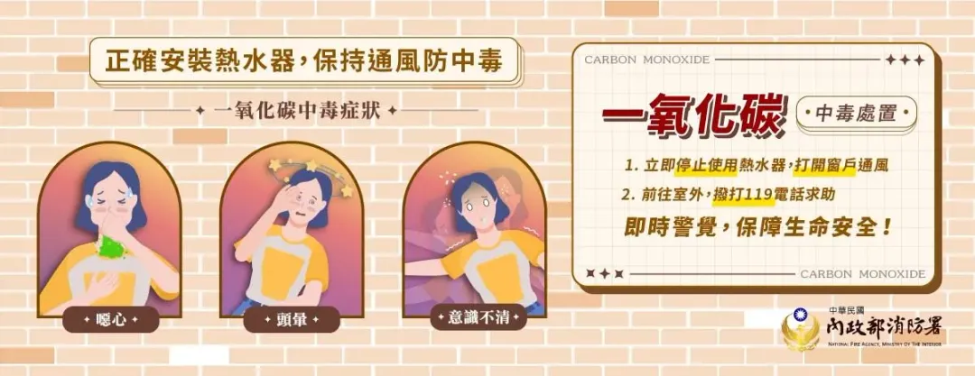 若洗澡時出現頭暈、嘔吐、四肢無力等輕度症狀，要警覺可能是一氧化碳中毒。（圖／翻攝自消防署臉書）
