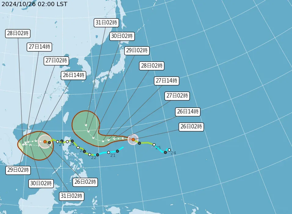 台灣周圍海域有雙颱共舞。（圖／中央氣象署）