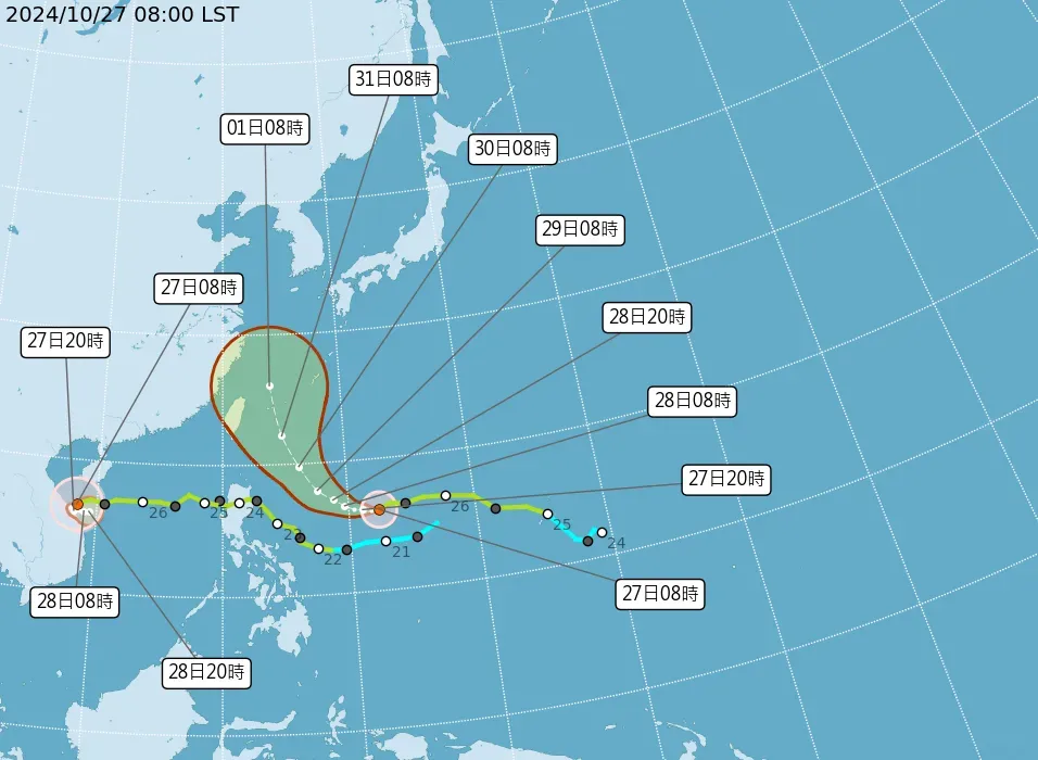 今(27)日晚上開始,東北季風增強,北部、東北部將轉為局部短暫陣雨的天氣。(圖/氣象署)