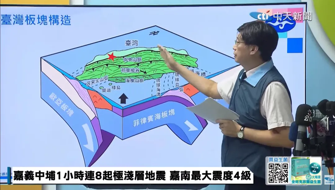 中央氣象署地震測報中心技正林祖慰27日指出,嘉義中埔地震起因為菲律賓海板塊、歐亞板塊碰撞擠壓,能量傳到西半部地質脆弱區域所導致。(圖/中天新聞)