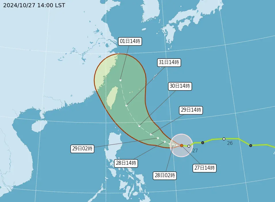 輕颱康芮不斷增強,氣象署預估29日升級中颱後逐漸接近台灣,迎風面的北部和東北部雨勢增強。(圖/翻攝自中央氣象署官網)