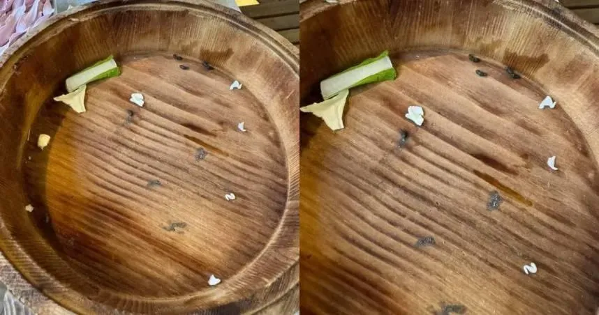 民眾在用餐時,發現菜盤上有幾粒黑色顆粒。(圖/翻攝臉書爆料公社)