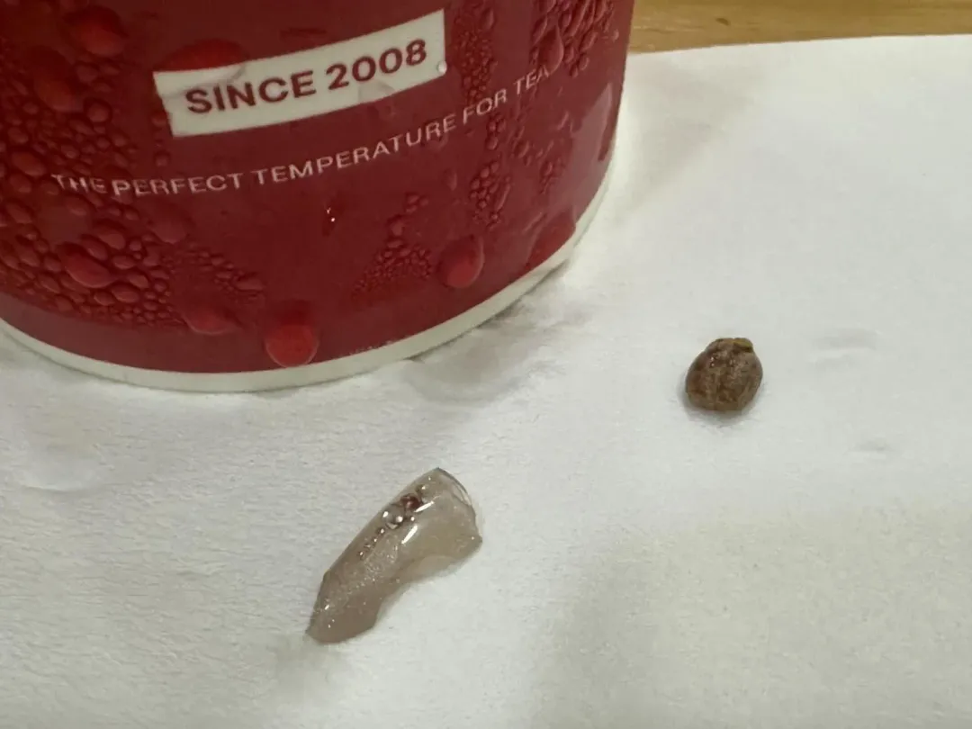 1位網友日前到麻古茶坊買飲料來喝,卻在快喝完時發現裡面有1塊殘缺的美甲甲片。(圖/網友_shadowlifestyle授權提供)