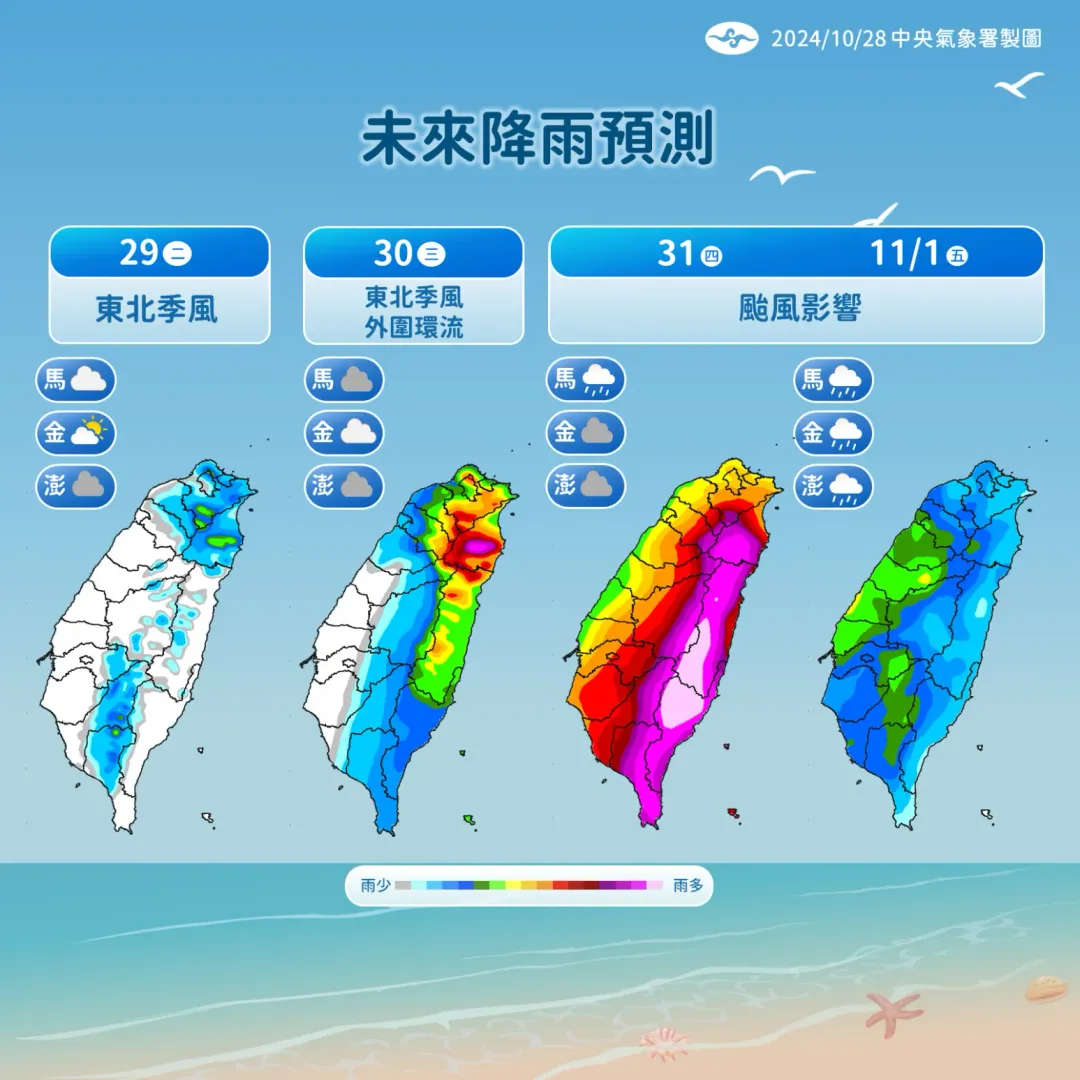 東北季風和颱風接續影響，東半部將有較大雨勢，其他地區降雨機率也會增加。（圖／中央氣象署提供）