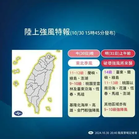 康芮颱風陸上強風特報。（圖／氣象署）