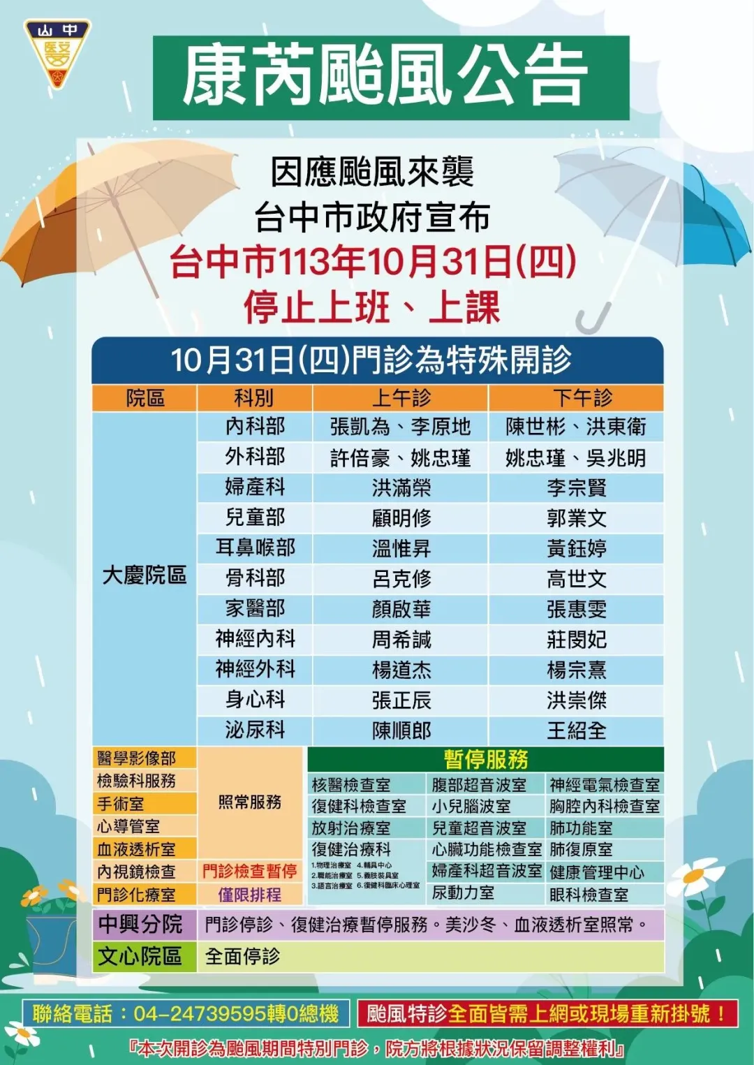 中山附醫大慶院區急診、住診正常服務。（圖／屏東榮民總醫院提供）