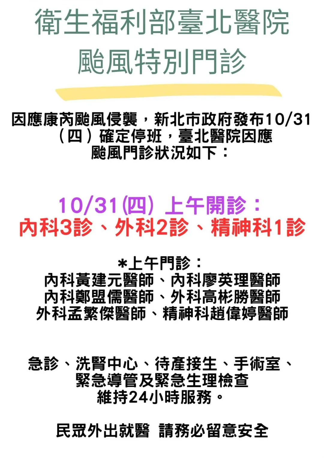 台北醫院颱風門診狀況。（圖／台北醫院提供）