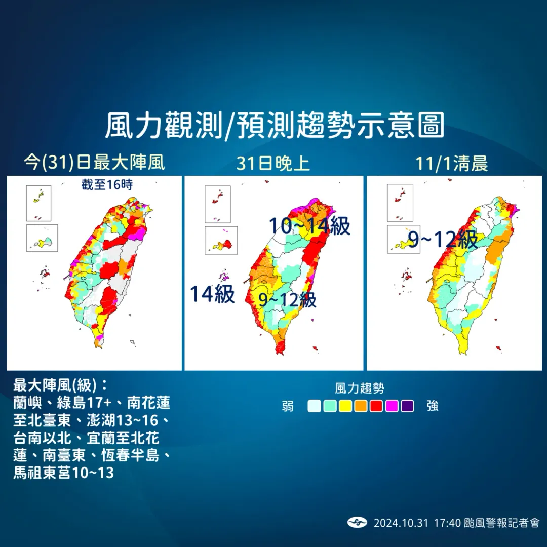 雖然康芮颱風正在遠離台灣，沿海地區仍不可輕忽強陣風。（圖／中央氣象署提供）