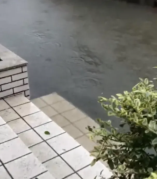 日本近畿地方和歌山縣2日也發生大雨，有網友拍下街道積水淹沒門口台階的畫面。（圖／翻攝自社群平台X）